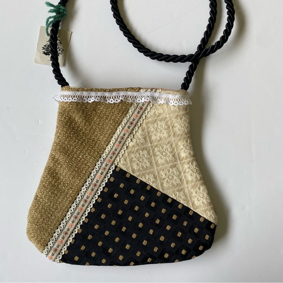 Crossbody Bag Hand made NWT Lace Fabric Ribbon 9” X 8.5” Cord Strap Beige Black - Picture 2 of 16